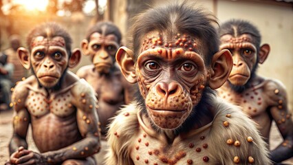 Four monkeys with red spots on their bodies sit in a row