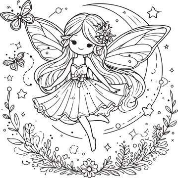 A beautiful fairy lineart coloring book illustration
