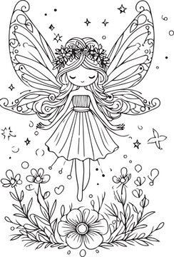A beautiful fairy lineart coloring book illustration