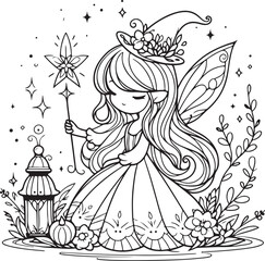 A beautiful fairy lineart coloring book illustration