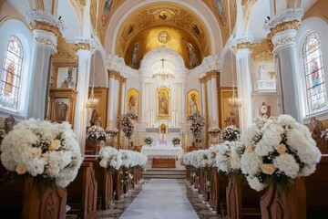 Fototapeta premium The church interior is adorned beautifully, decorated for the wedding ceremony with elegance , ai