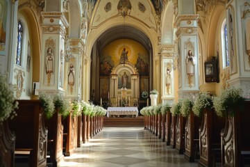 Obraz premium The church interior is adorned beautifully, decorated for the wedding ceremony with elegance , ai