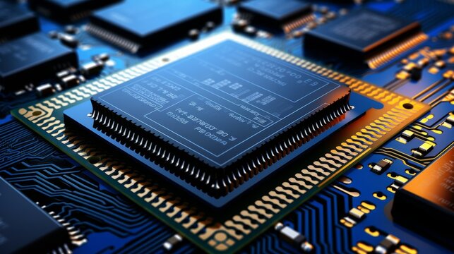 Macro shot of ram acronym on microchip symbolizes random access memory concept in technology