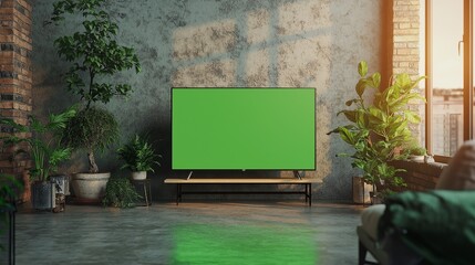 Stylish Loft Apartment Interior with TV Set with Green Screen Mock-Up Display Standing on Television Stand. Empty Living Room at Home with Chroma Key Placeholder on Monitor. Sunset Warm Shot