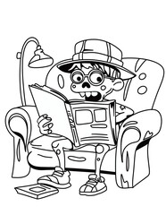 Black and White Drawing of Reading Zombie. Cute drawing of a monster reading book.