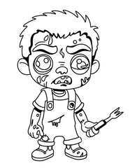 A cute creepy black and white drawing of a Monster Baby Boy holding a fork with a scary face. The funny illustration can add playful touch to Halloween or scary-themed projects.