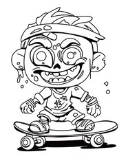 A cool black and white drawing of funny zombie boy skateboarding. With messy hair, wide smile and tattered clothes, he exudes a playful, carefree vibe. Perfect for quirky, Halloween-themed designs.