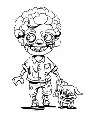 Cute black and white drawing of a monster boy with a monster dog. This quirky design of a friendly pair is perfect for adding a playful, spooky touch to your Halloween projects.