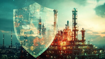 Industrial facility with digital shield overlay, symbolizing critical infrastructure protection against cyber threats.