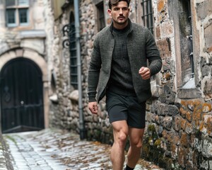 Compression shorts paired with tweed jacket versatile activewear look