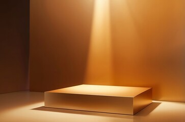 Warm golden square podium with soft sunlight streaming in, set on a gradient background transitioning from gold to orange, ideal for beauty products. Made with generative AI technology