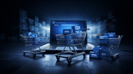 Blue e commerce interface on silver background with pixelated shopping cart icons