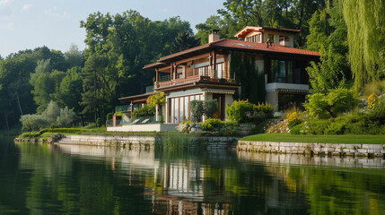 experience of living in a beautiful lakeside house, focusing on the tranquility and natural charm it offers.