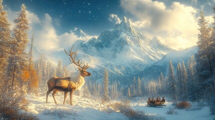 A magical Christmas Eve with a starry sky and a sleigh with reindeer in the distance