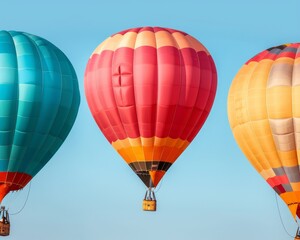 Three colorful hot air balloons against a bright blue sky.