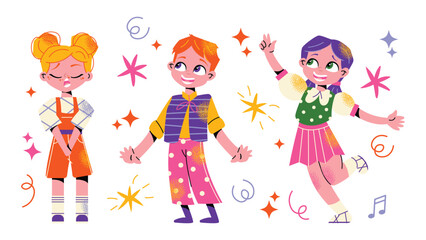 Kids singers in choir set. Cute children sing song together. Diverse vocal talented students group. Child church chorus with music performance. Flat isolated 