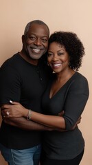 Fototapeta premium A happy couple shares a warm embrace, smiling joyfully in a comfortable indoor location