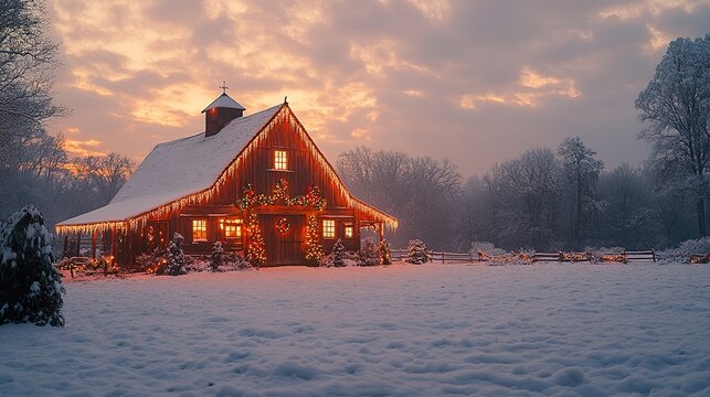 A rustic barn decorated with holly and fairy lights, with a snow-covered field outside
