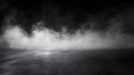 Abstract Image of a Dark Room with Concrete Floor and Black Background, Featuring Panoramic Fog, Mist, and Smog – Ideal for Product Placement or Mysterious Stage Design