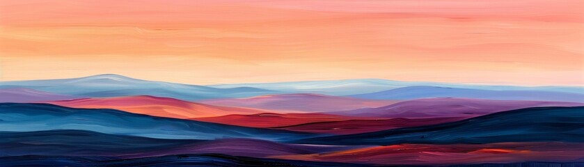 A serene landscape painting showcasing soft, blended hues of blue, pink, and orange, capturing the beauty of twilight mountains.