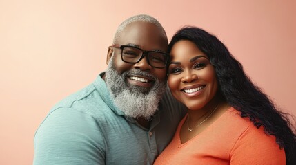 Fototapeta premium A couple embraces, sharing smiles in a cozy space with a soft, pastel background