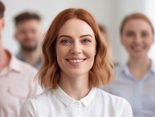 Obraz premium A smiling businesswoman stands in front of her team, showcasing a confident and professional image.