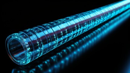 Vibrant blue matrix binary code flowing in long digital pipeline on black background