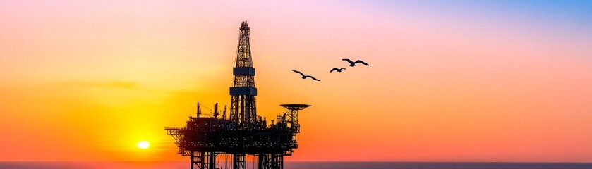 Obraz premium A stunning view of an oil rig silhouette against a vibrant sunset, with birds soaring in the background, capturing nature's beauty.