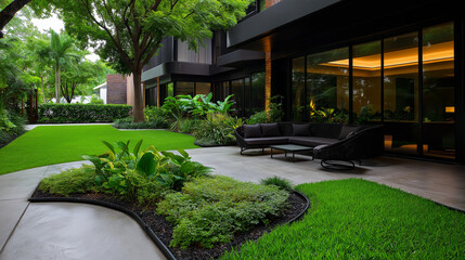 A modern hotel garden with well-maintained landscaping and comfortable seating