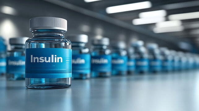 Row of insulin vials on reflective surface