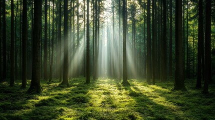 Fototapeta premium A tranquil forest scene with tall trees and sunlight streaming through the leaves, casting soft shadows on the lush, green ground.
