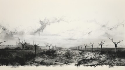 Side view of barbed wire fence silhouette with sharp barbs prominently displayed against a clean white background,