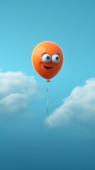 A single orange balloon with a smiling face floats in a blue sky with white clouds.