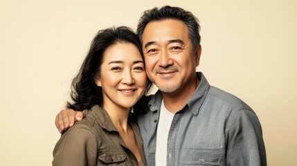 A couple shares a joyful embrace while posing together in a relaxed indoor setting