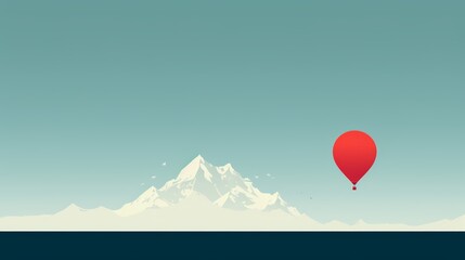 A single red hot air balloon floats above a snowy mountain range against a blue sky.