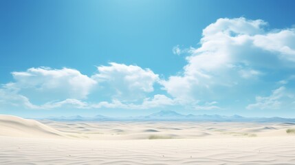 Naklejka premium A vast, white sandy desert landscape stretches towards a range of distant mountains under a clear blue sky with fluffy clouds.