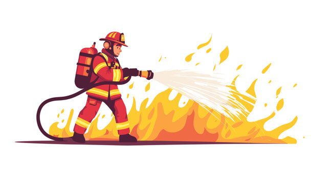 fire fighter with waterhose extinguishing fire, vector illustration in a flat style cartoon design with a simple background. activity lifestyle concept, isolated on a white color background.
