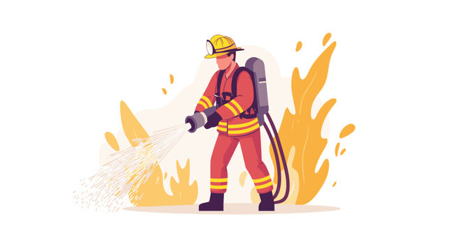 fire fighter with waterhose extinguishing fire, vector illustration in a flat style cartoon design with a simple background. activity lifestyle concept, isolated on a white color background.