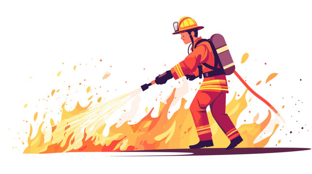 fire fighter with waterhose extinguishing fire, vector illustration in a flat style cartoon design with a simple background. activity lifestyle concept, isolated on a white color background.