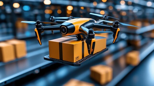Dynamic scene of robots and drones collaborating in a futuristic logistics hub