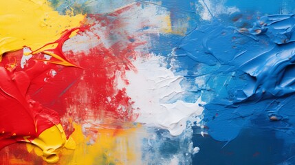 Obraz premium Abstract art painting with red, yellow, white, and blue oil paint.