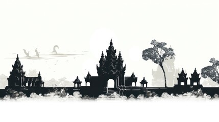 Fototapeta premium Detailed silhouette of the Preah Vihear Temple, capturing its distinctive towers and ornate design elements