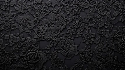 A detailed black lace pattern with floral designs, suitable for textiles or backgrounds.