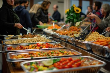 Obraz premium A buffet table with a variety of food, including carrots, tomatoes, and other vegetables. Scene is lively and social