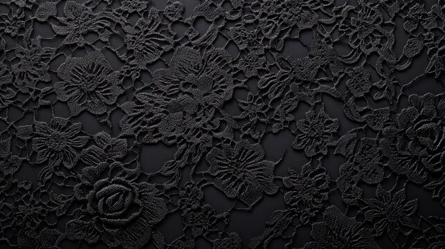 A detailed black lace pattern with floral designs, suitable for textiles or backgrounds.