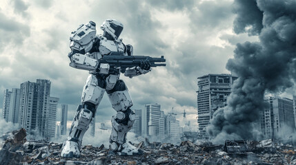 3D illustration of a sci-fi mech in an attacking pose, standing amidst city ruins with an assault gun in one hand, set against stormy clouds. Represents an apocalypse concept with a storm trooper robo