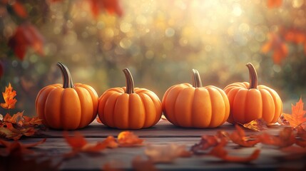 Four pumpkins on a wooden surface with autumn leaves
