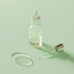 A pristine glass serum bottle with a dropper is displayed on a pastel green background, emphasizing simplicity and elegance in beauty care.
