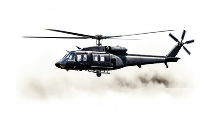 Fototapeta premium Silhouette of a helicopter with rotor blades extended against a stark white background,