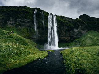 Obraz premium Seljalandsfoss als schmaler isländischer Wasserfall mit einem Fluss im Vordergrund 